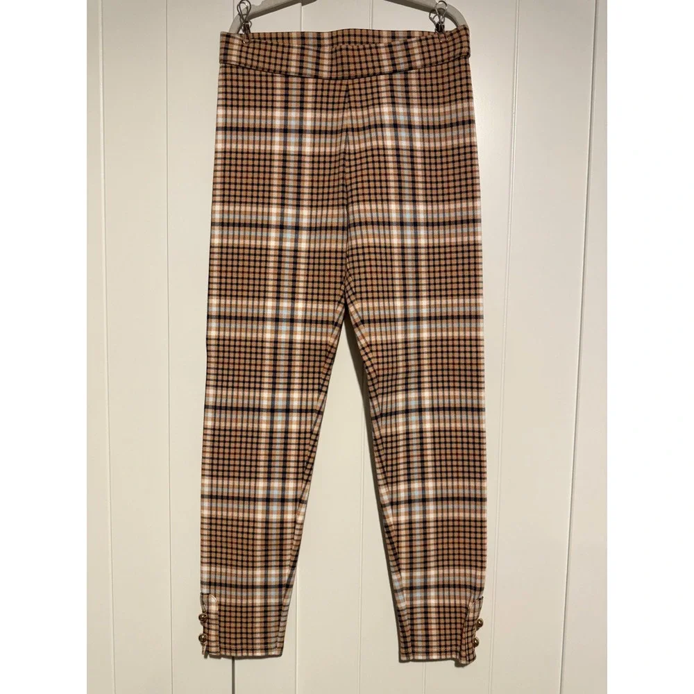 Janie and Jack Girls Tan Plaid Leggings Gold Button Ankle Pants Size 8
